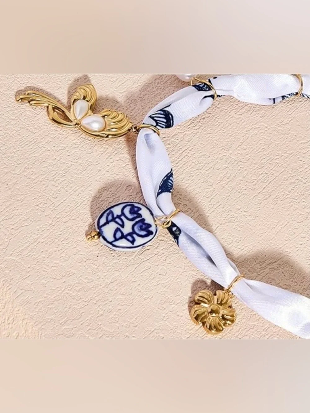 New Anthropologie White Scarf Necklace with Navy Butterfly Print & Gold Charms - Picture 4 of 5
